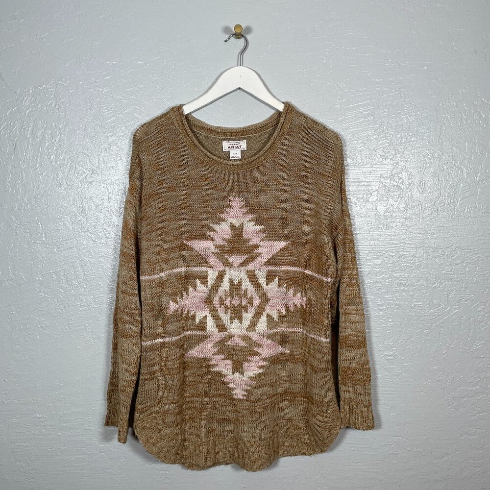 Ariat Women L Brown Pink Knit Date Night Sweater Southwest Pattern Long Sleeve
